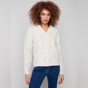 Notch Neck Cable Knit Sweater - Ecru